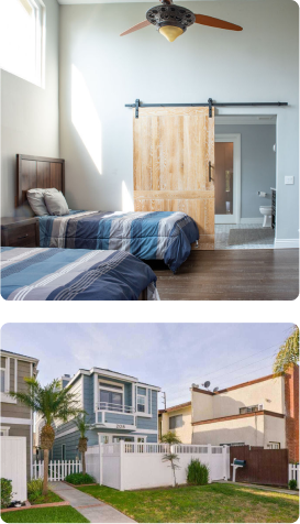 two photos with the top being a bedroom and the bottom being the outside of a home